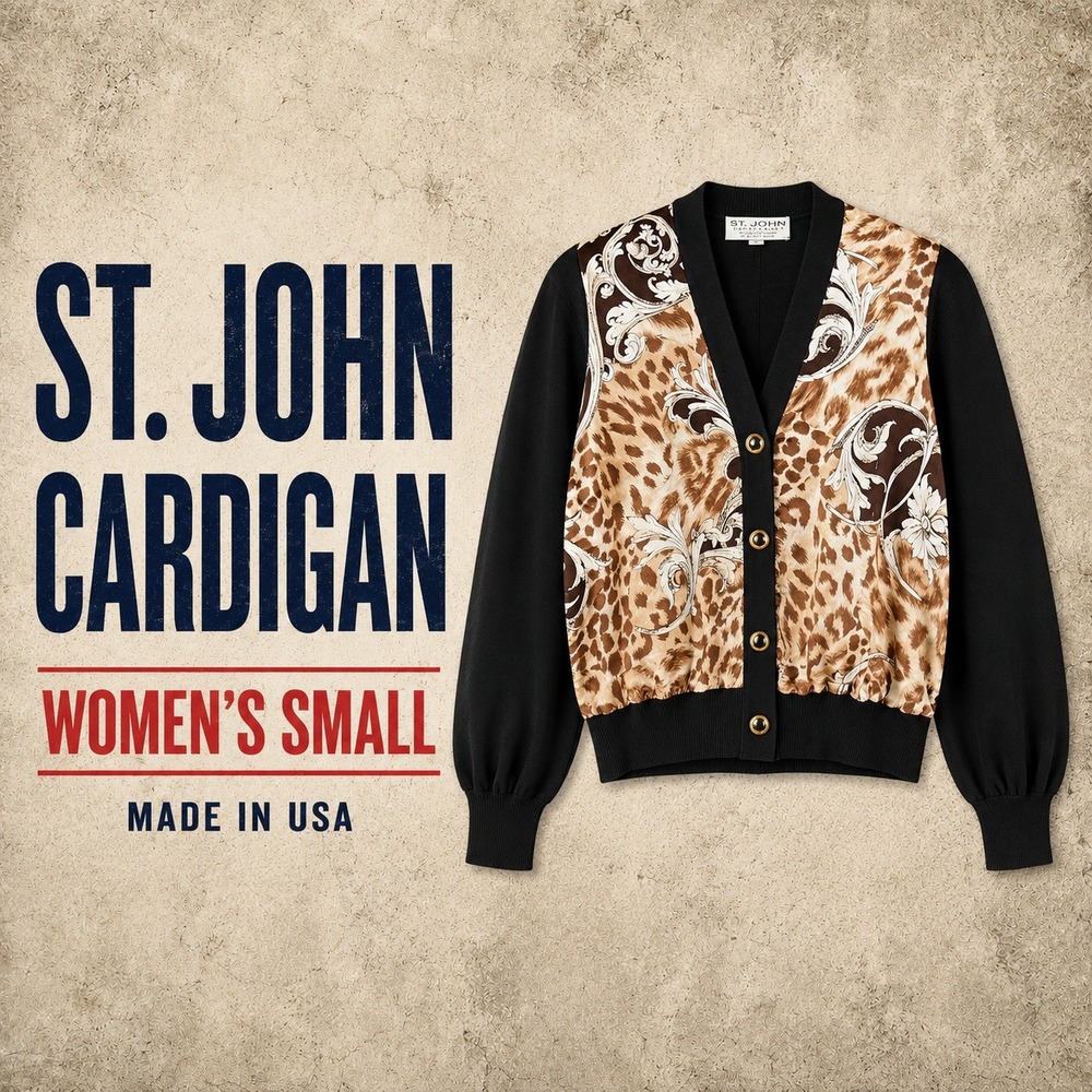 St John Sportswear Marie Gray Cardigan Small Brown Leopard Baroque Gold Button